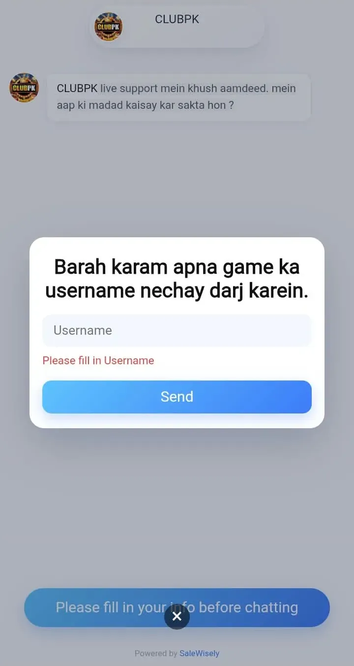 ClubPK in-app 24/7 live chat support interface